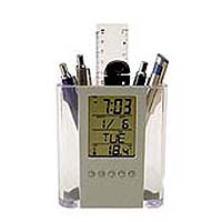 Portalapices Transparente con logo c/reloj digital, calendario, alarma, c/frente desmontable